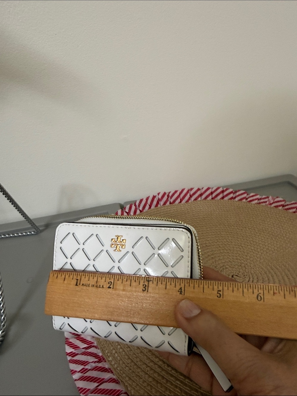 Tory Burch White Perforated Patent Zip Wallet with Gold Logo - Picture 14 of 16